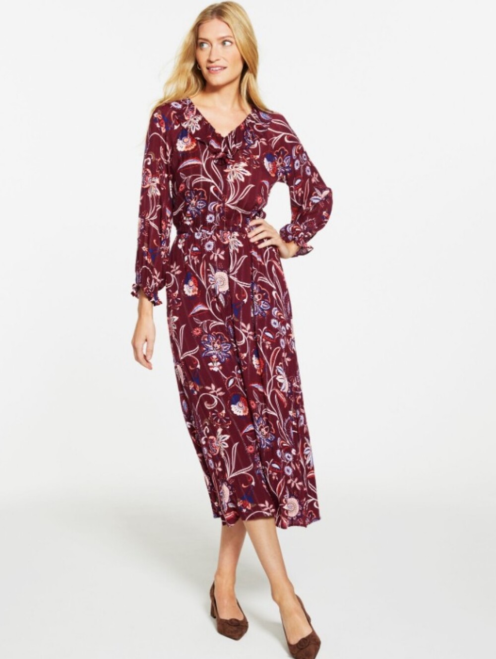 Talbots Boho Floral Long Sleeve Midi Dress Ruffle Neck In Rust w/ Silver Lining